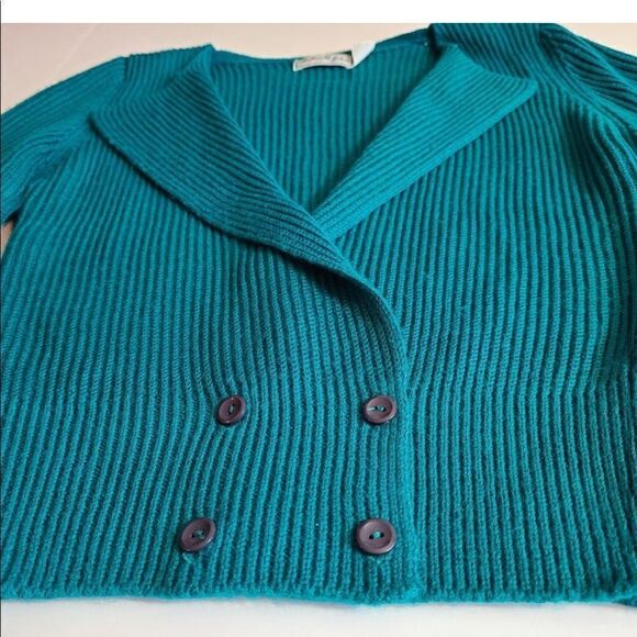 Vintage 80s Cardigan Sweater M Double Breasted Teal Blue / Green Acrylic CLX1A - Picture 5 of 12